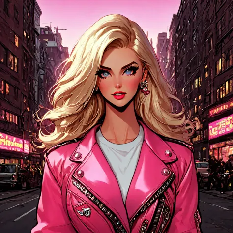 beautiful maiden, long blonde hair, pink jacket, aesthetic, intricate city background, citypunk, pinkcore, cool vibes, hyperdeta...