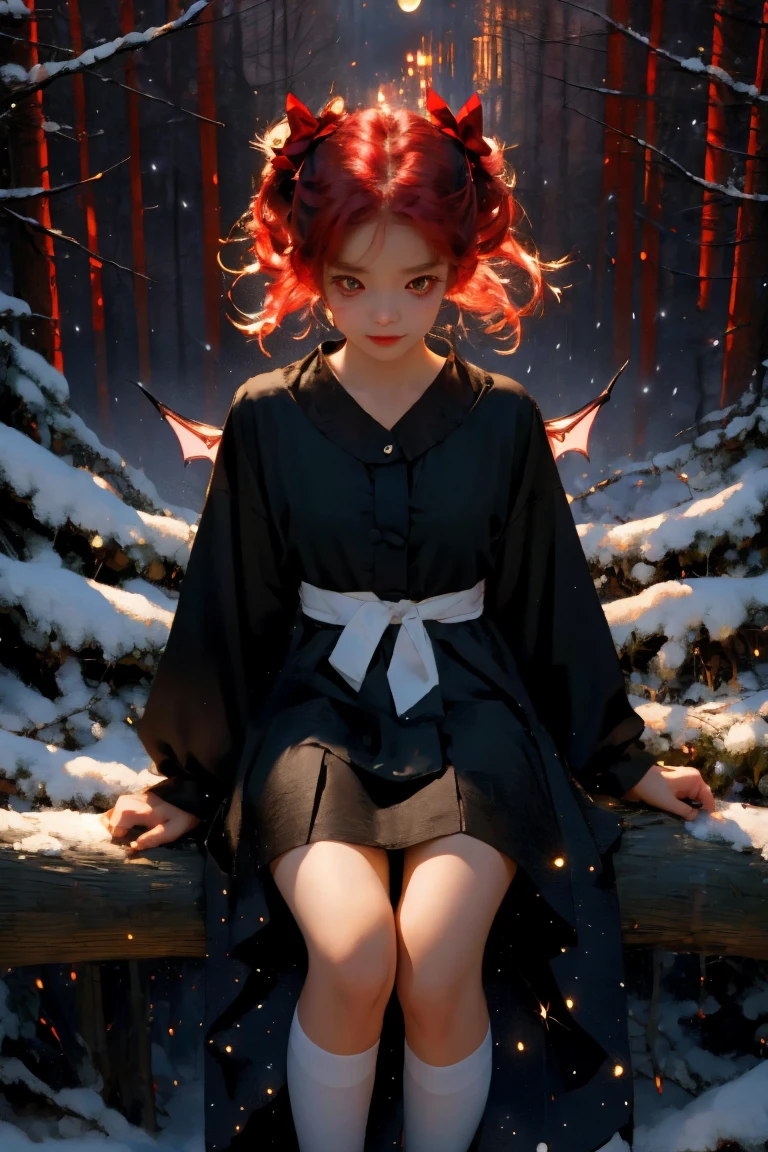 uhd, 4k, textured skin, good quality, High details, ​masterpiece, best quality, (Amazingly absurd:1.2), (​masterpiece:1.2), 1 Vampire Girl with little demon wings on the back sitting on tree branch looking down at viewer, sieht auf dich herunter, dress with ruffles, evil smirking, glowing red eyes, shiny hair , fullbody, two colored hair, hairbow, black knee socks, Kawaiitech, soft colours, Kawaii, Beautiful colors, studio lighting, (Forest:1.5), (Rain:1), (Night:2), 