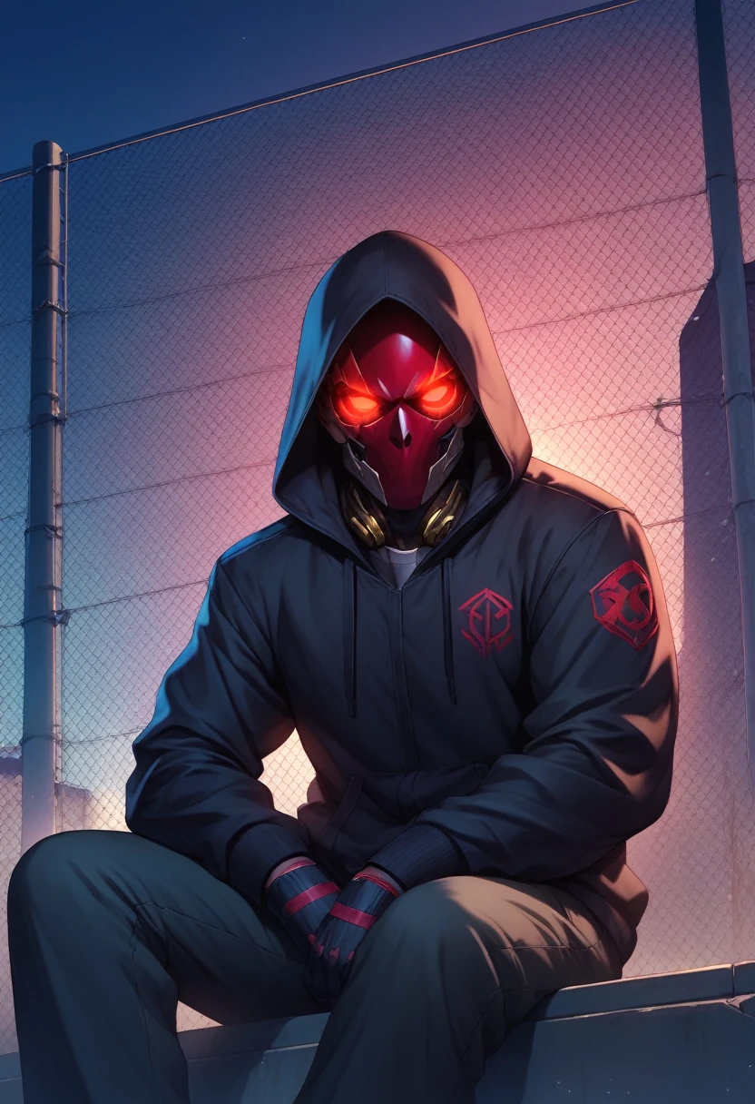 A shadowy character wearing a dark hooded jacket and a face covered by a glowing mask with a terrifying pattern of red eyes and a sinister smile in the form of glowing white stitching.. He is sitting in a relaxed manner in front of a metal fence, with a carefree but intimidating posture. The background is dark with a blue night sky, and the lighting dramatically highlights the shine of his eyes and mouth, while little red sparks float in the air, adding a tense and urban atmosphere. The style is dark and aggressive, with a cyberpunk and vigilante aesthetic, conveying a sense of latent danger.