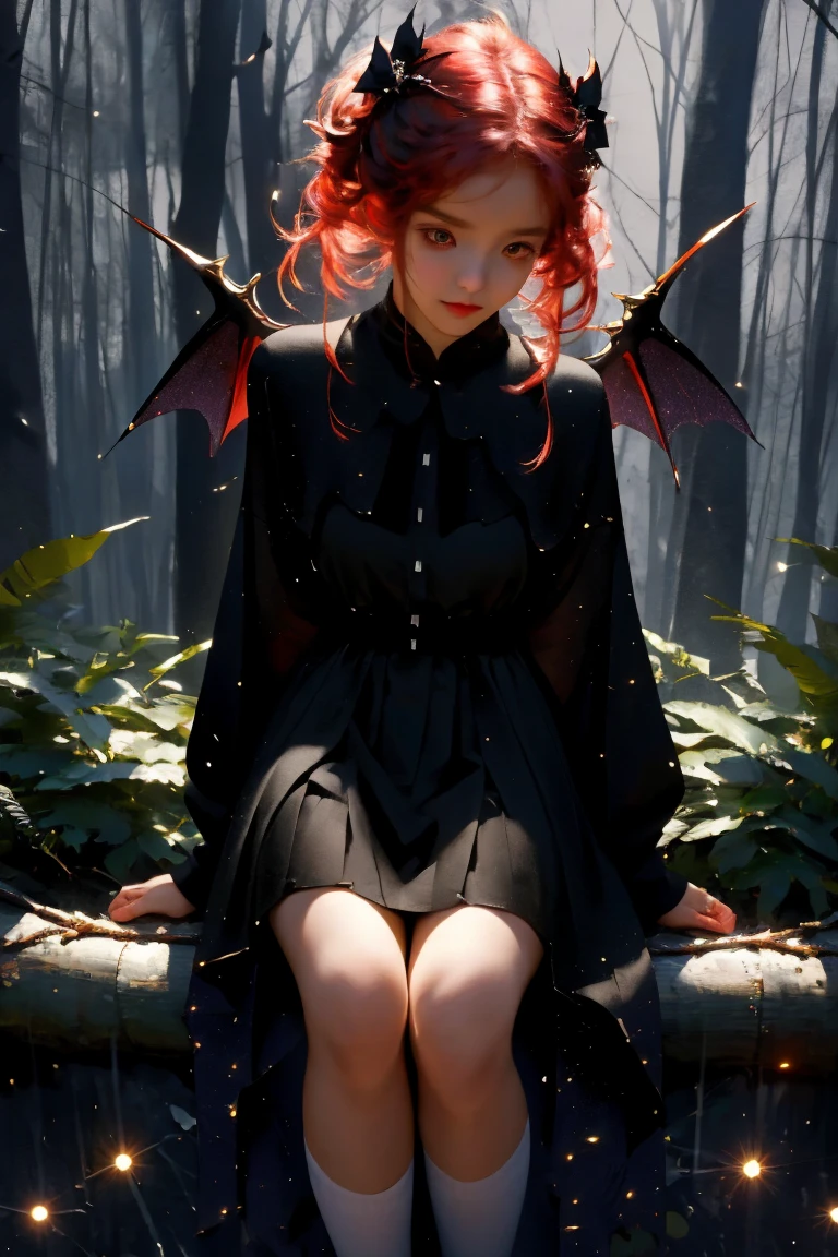 uhd, 4k, textured skin, good quality, High details, ​masterpiece, best quality, (Amazingly absurd:1.2), (​masterpiece:1.2), 1 Vampire Girl with little demon wings on the back sitting on tree looking down at viewer, sieht auf dich herunter, dress with ruffles, evil smirking, glowing red eyes, shiny hair , fullbody, two colored hair, hairbow, black knee socks, Kawaiitech, soft colours, Kawaii, Beautiful colors, studio lighting, (wet:0.5), (Forest:1.5), (Rain:1), (Night:2), 