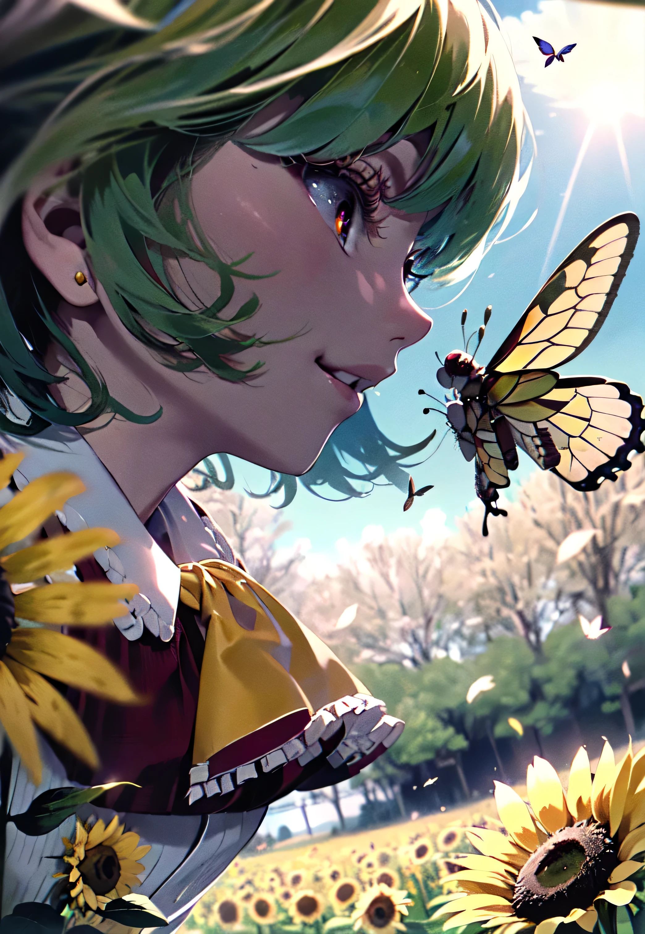 [(white background:1.5),::5], 1girl, kazami yuuka, green hair, ascot, solo, absurdres, masterpiece, best quality, illustration, cute, film_grain, extremely detailed face, perfect lighting, smile, far shot, full body, butterflies, flowers, sunflowers, floating petal, field, grassy plain, plants, grass, daytime, sun, sunlight