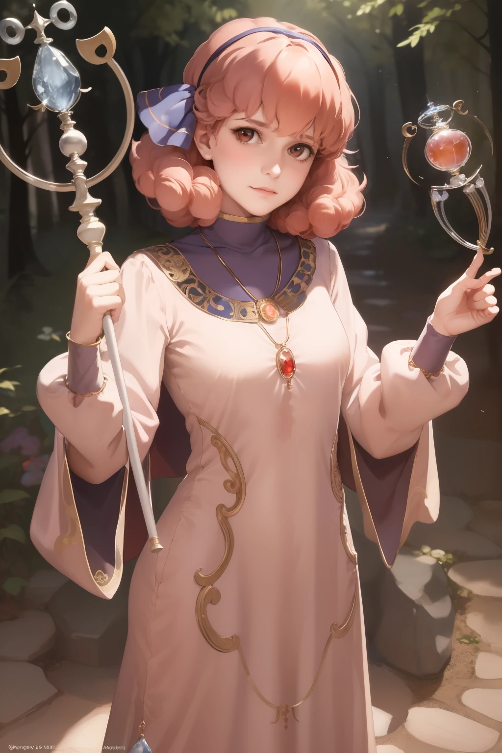 masterpiece, best quality, genny, hairband, necklace, long dress, looking at viewer, holding magic staff