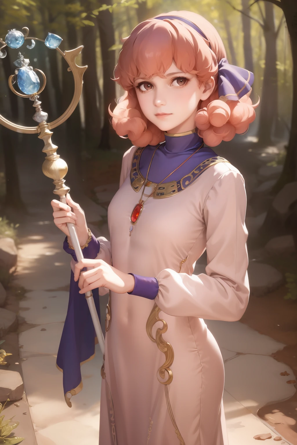 masterpiece, best quality, genny, hairband, necklace, long dress, looking at viewer, holding magic staff