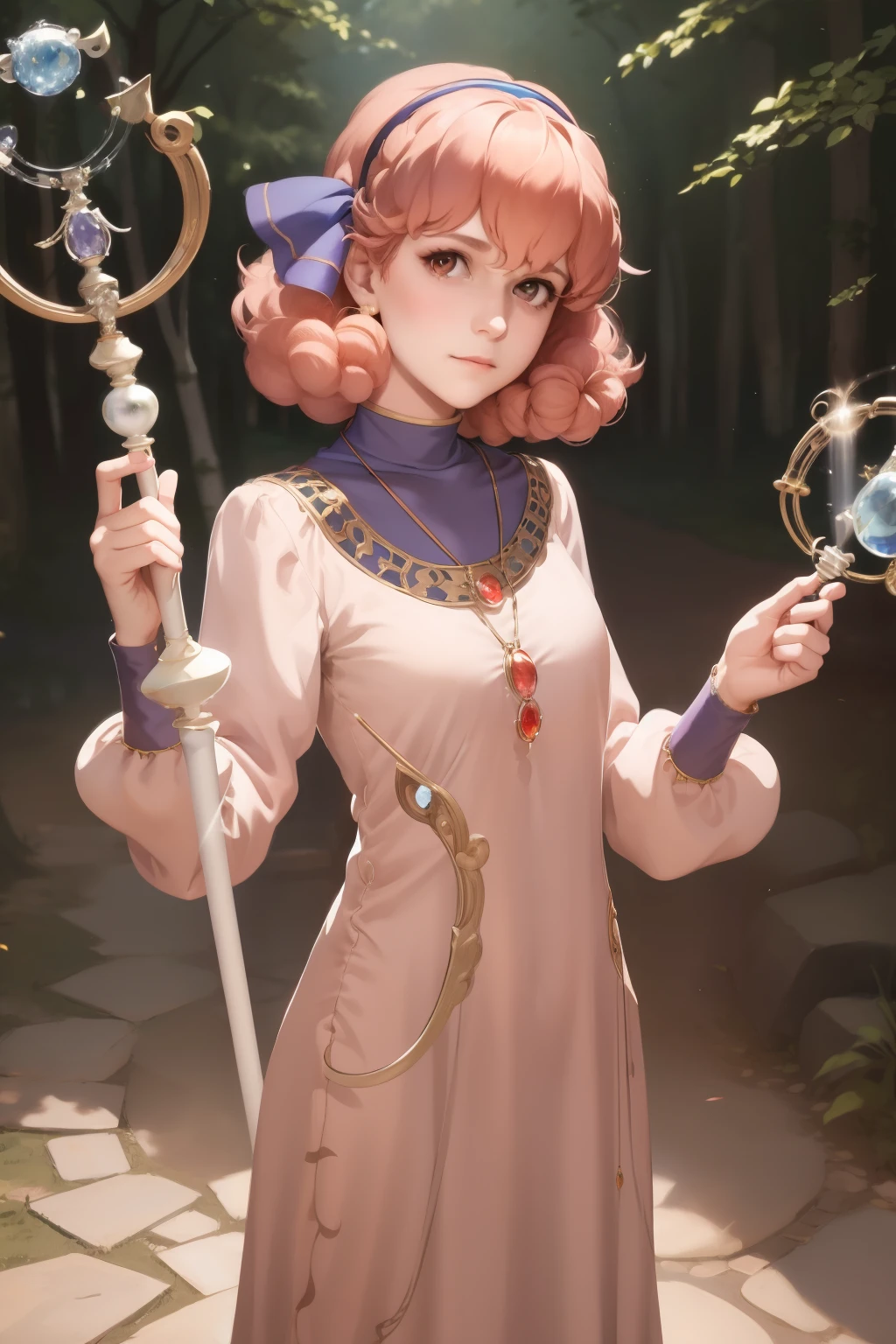 masterpiece, best quality, genny, hairband, necklace, long dress, looking at viewer, holding magic staff