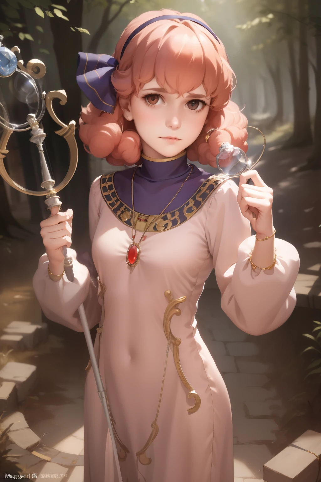 masterpiece, best quality, genny, hairband, necklace, long dress, looking at viewer, holding magic staff