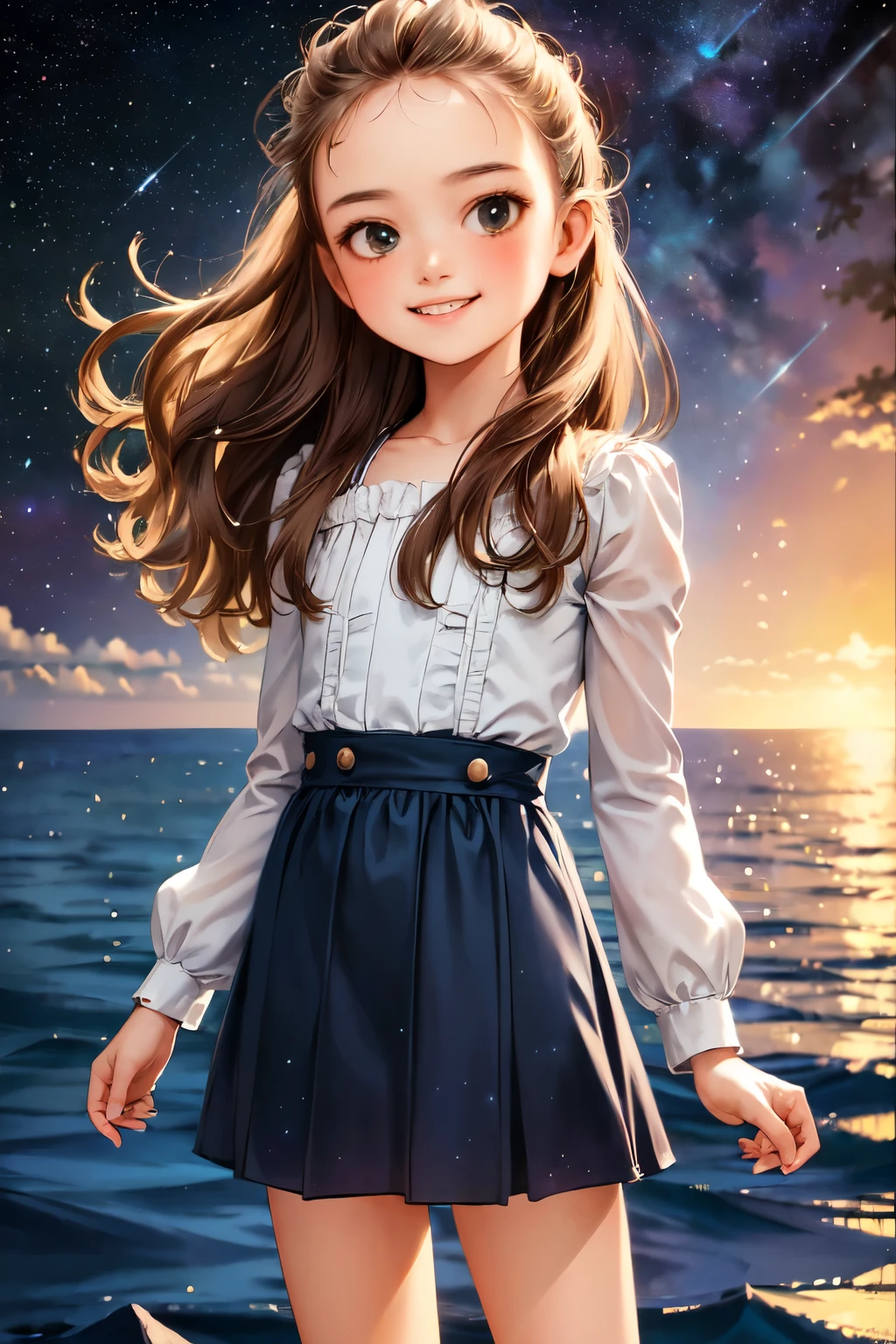 ((masterpiece,Highest quality, detailed)), Cowboy Shot，(Lyric meaning: One very little girl:1.2)，alone，(Captivating smile:1.3)，Very short stature，Flat Chest，Are standing，View your viewers，(Ocean:1.3)，(Starry Sky:1.3)，moon，
