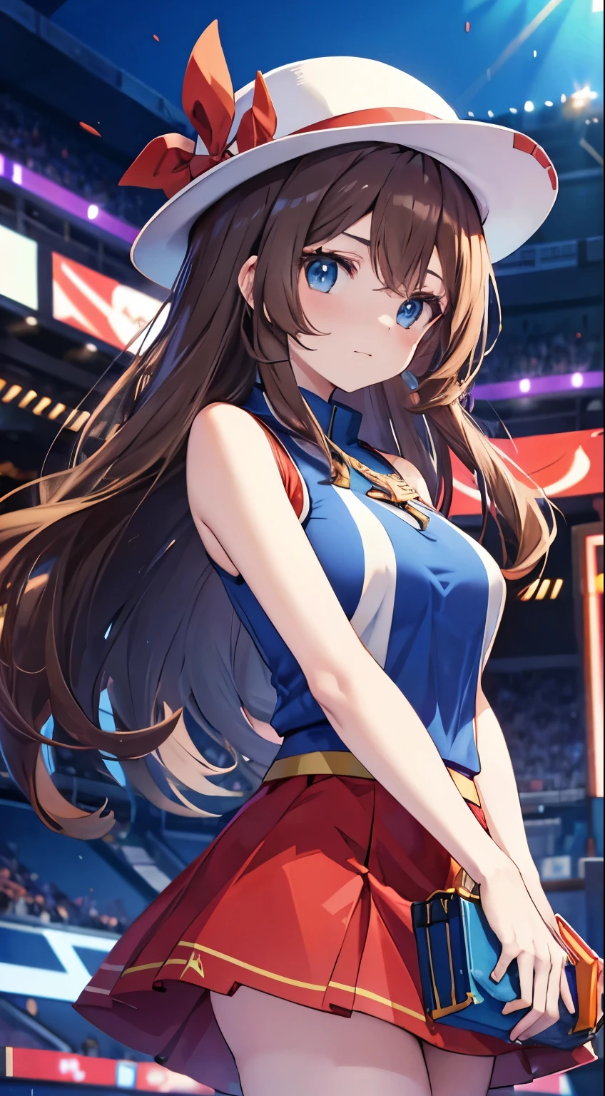 Brown hair，Blue Eyes，Long hair，Blue sleeveless top，Red skirt，hat，Arena Background，Large Breasts，Azure【Pokémon】，beautiful