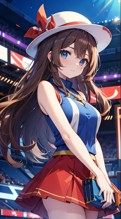 brown hair，blue eyes，long hair，blue sleeveless top，red skirt，hat，arena background，large breasts，azure【pokémon】，beautiful