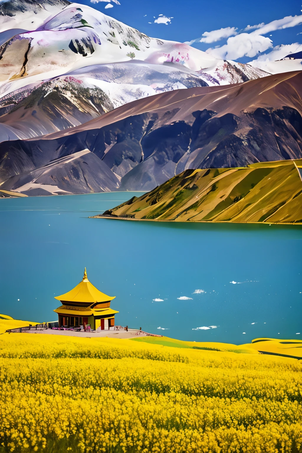 (Best Quality), 4K, Landscape Illustration, Qinghai, Thar Temple, Menyuan Canola Flower, Qinghai Lake, Kunlun Mountain, Travel Lover