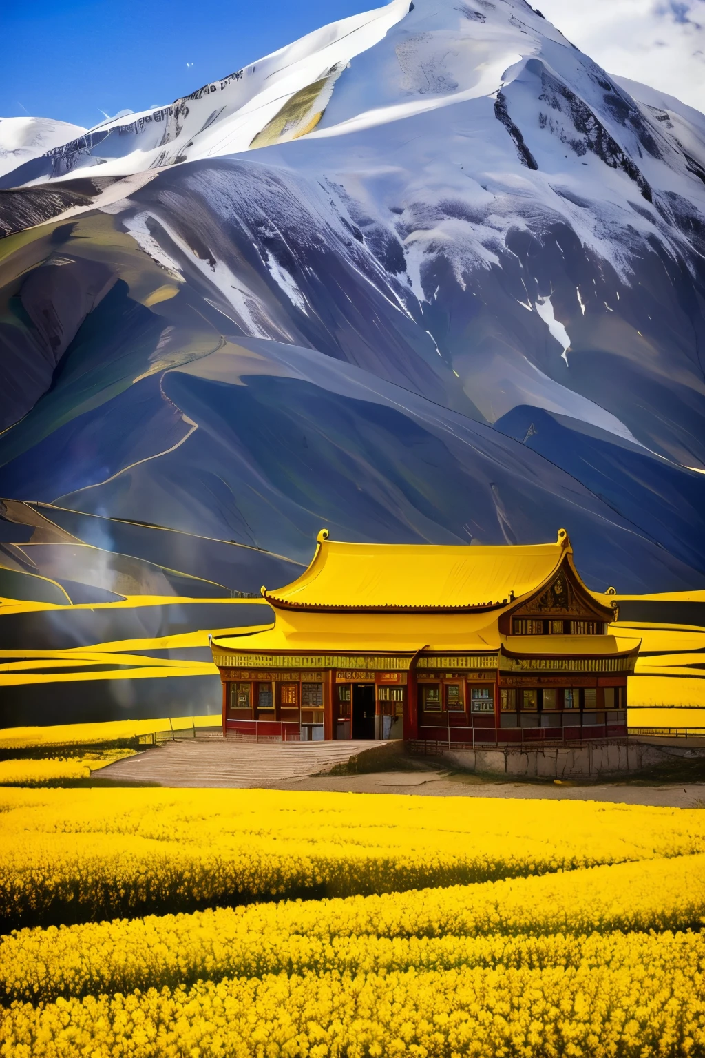 (Best Quality), 4K, Landscape Illustration, Qinghai, Thar Temple, Menyuan Canola Flower, Qinghai Lake, Kunlun Mountain, Travel Lover