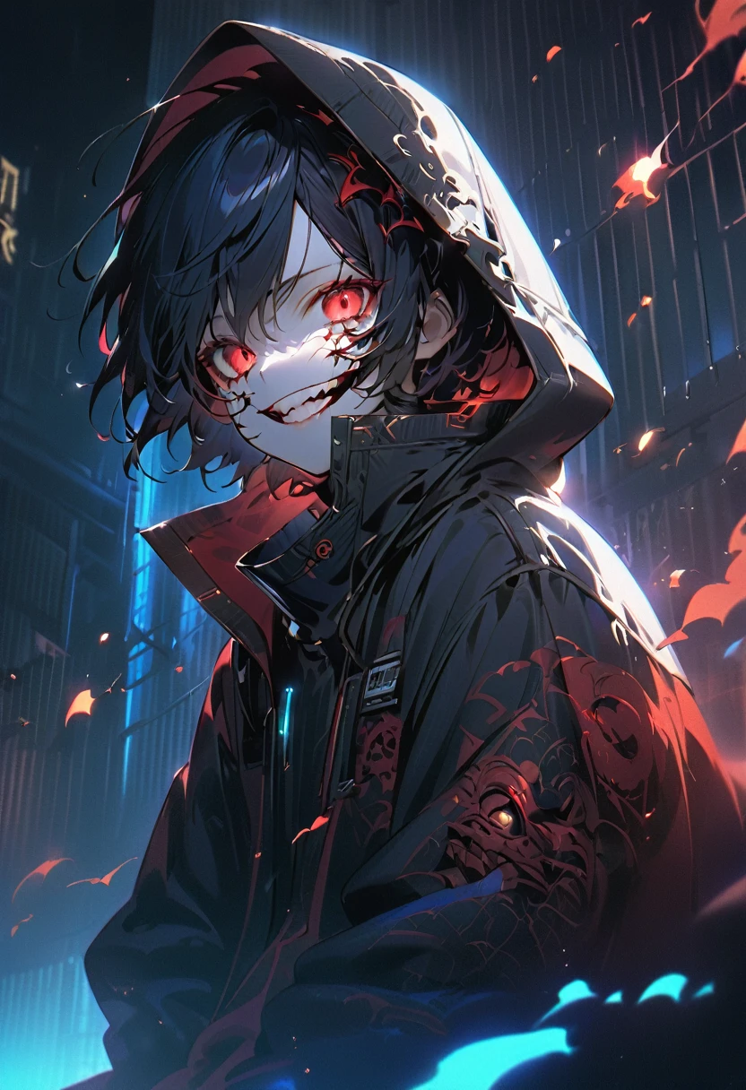 A shadowy character wearing a dark hooded jacket and a face covered by a glowing mask with a terrifying pattern of red eyes and a sinister smile in the form of glowing white stitching.. He is sitting in a relaxed manner in front of a metal fence, with a carefree but intimidating posture. The background is dark with a blue night sky, and the lighting dramatically highlights the shine of his eyes and mouth, while little red sparks float in the air, adding a tense and urban atmosphere. The style is dark and aggressive, with a cyberpunk and vigilante aesthetic, conveying a sense of latent danger.