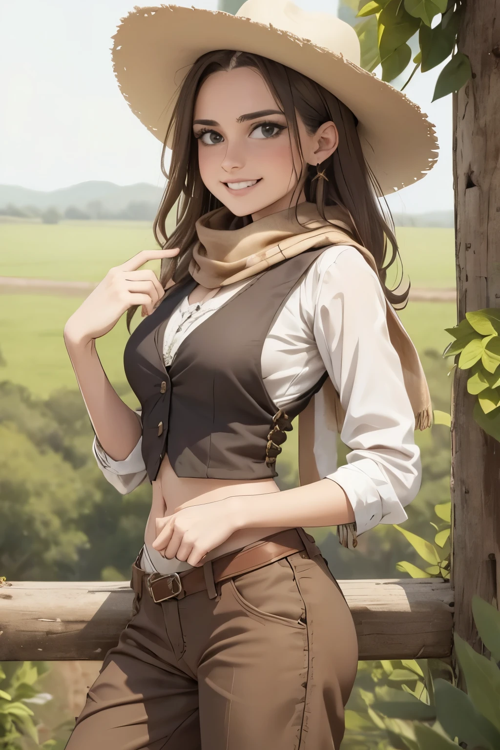 portrait of beautiful women in muddy farm:1.2 , cowboy hat, fringed waistcoat , trousers, scarf , confidence , medium breast,