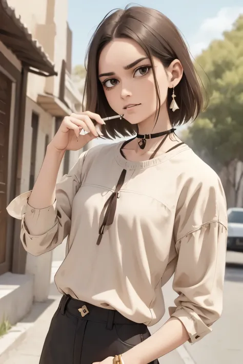 westerner wearing ash-ish earth color shirt with right index and middle fingers smoking cigarette, cool brown eyes, sullen expre...