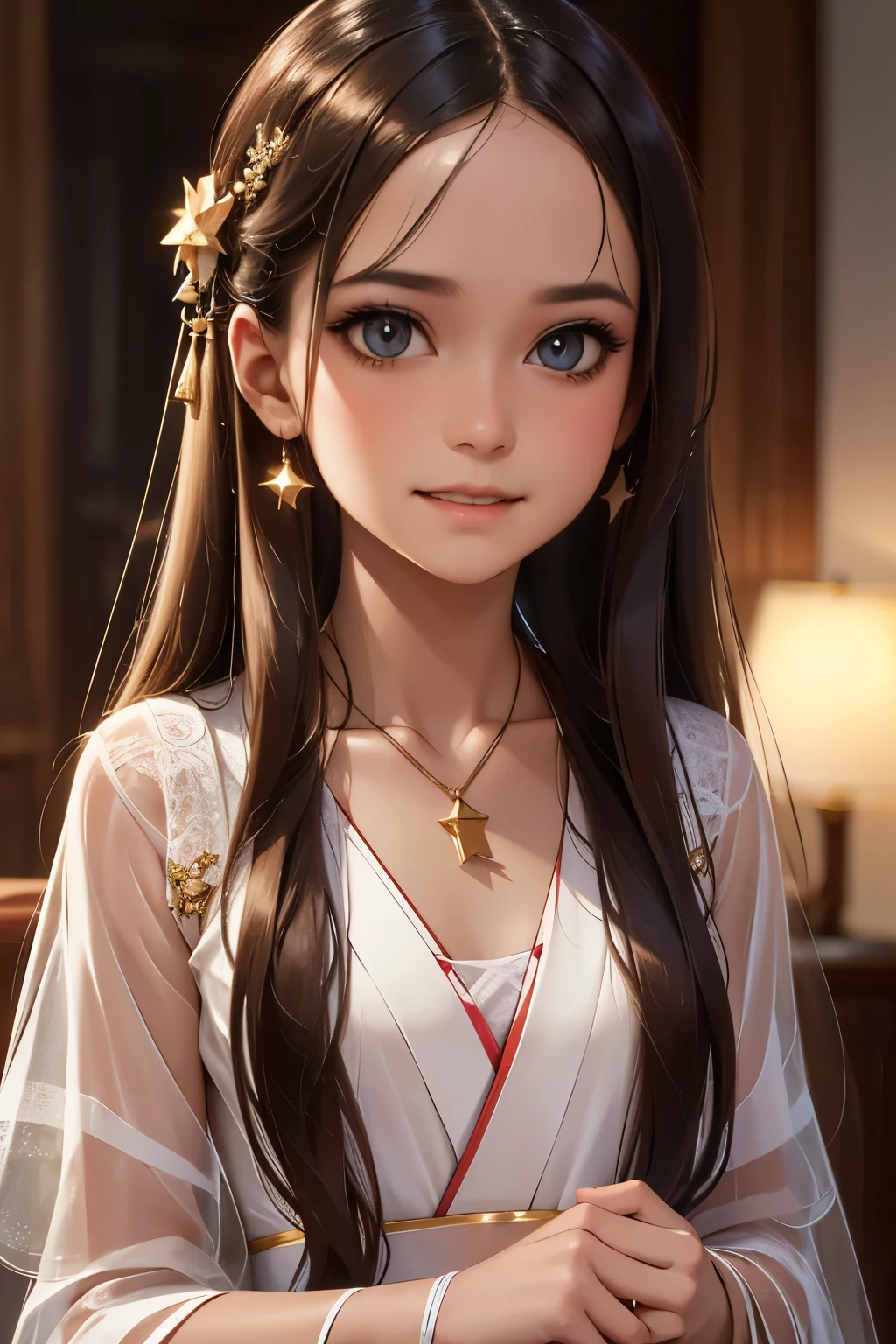 best quality, masterpiece, highres, 1girl,blush,(seductive smile:0.8),star-shaped pupils,china hanfu,hair ornament,necklace, jewelry,Beautiful face,upon_body, tyndall effect,photorealistic, dark studio, rim lighting, two tone lighting,(high detailed skin:1.2), 8k uhd, dslr, soft lighting, high quality, volumetric lighting, candid, Photograph, high resolution, 4k, 8k, Bokeh