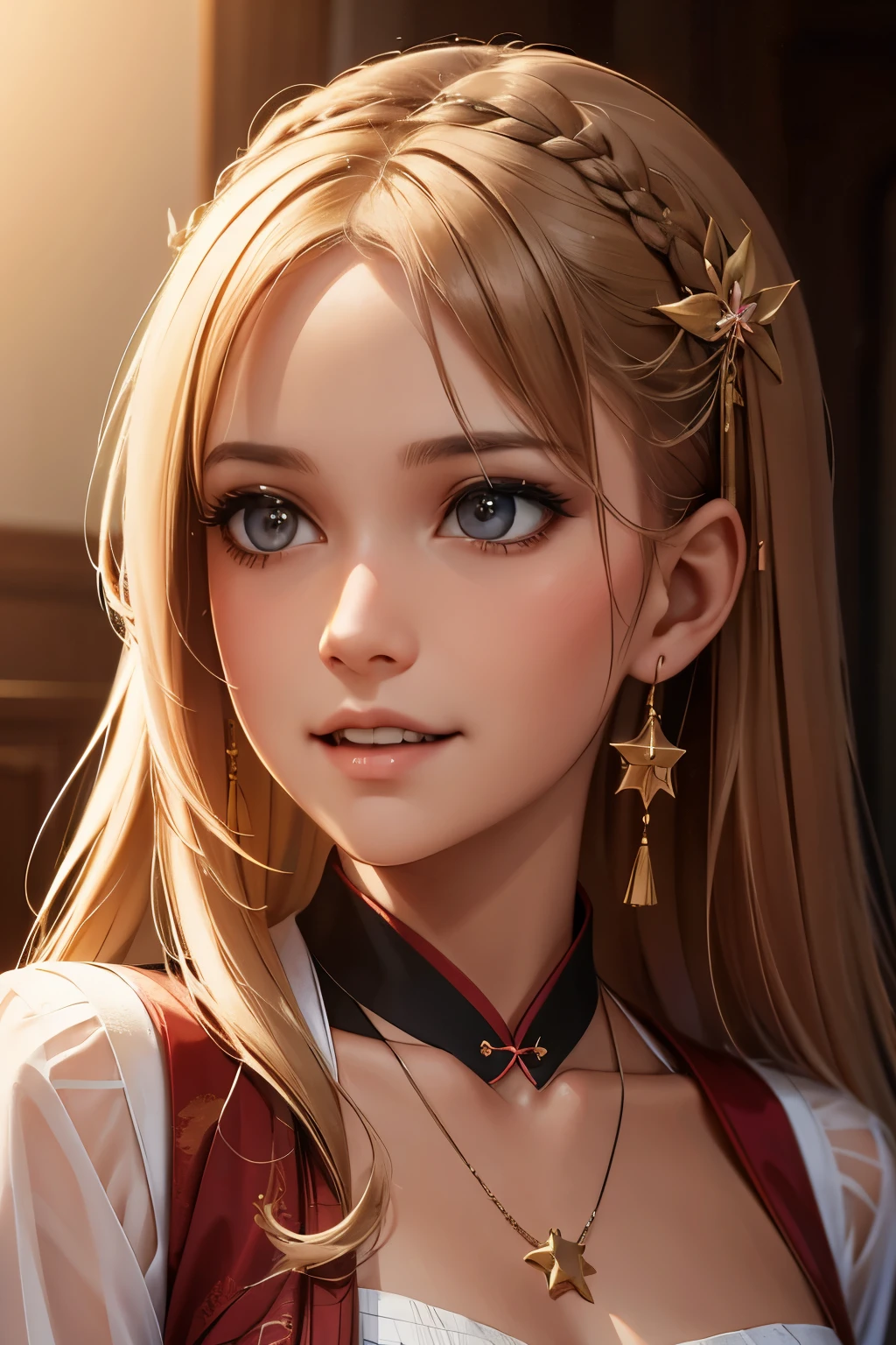 best quality, masterpiece, highres, 1girl,blush,(seductive smile:0.8),star-shaped pupils,china hanfu,hair ornament,necklace, jewelry,Beautiful face,upon_body, tyndall effect,photorealistic, dark studio, rim lighting, two tone lighting,(high detailed skin:1.2), 8k uhd, dslr, soft lighting, high quality, volumetric lighting, candid, Photograph, high resolution, 4k, 8k, Bokeh