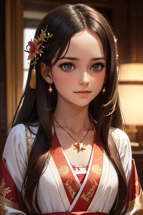 best quality, masterpiece, highres, 1girl,blush,(seductive smile:0.8),star-shaped pupils,china hanfu,hair ornament,necklace, jew...