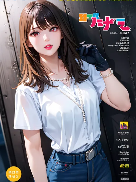 前hair,brown_hair, length_hair,red eyes,lipstick,compensate, break (belt, jeans, pearl_necklace, bracelet, black gloves, white sh...