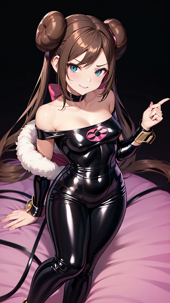 Erotic、tall、Pokemon　May「Rose」、Brown hair twin tails bun、Shiny latex rubber suit、Off the shoulder、　Pink line、Evil female executive、sexy、Evil smirk face、tall、adult、lure、Alluring、Pitch black background、Dark bedroom at night