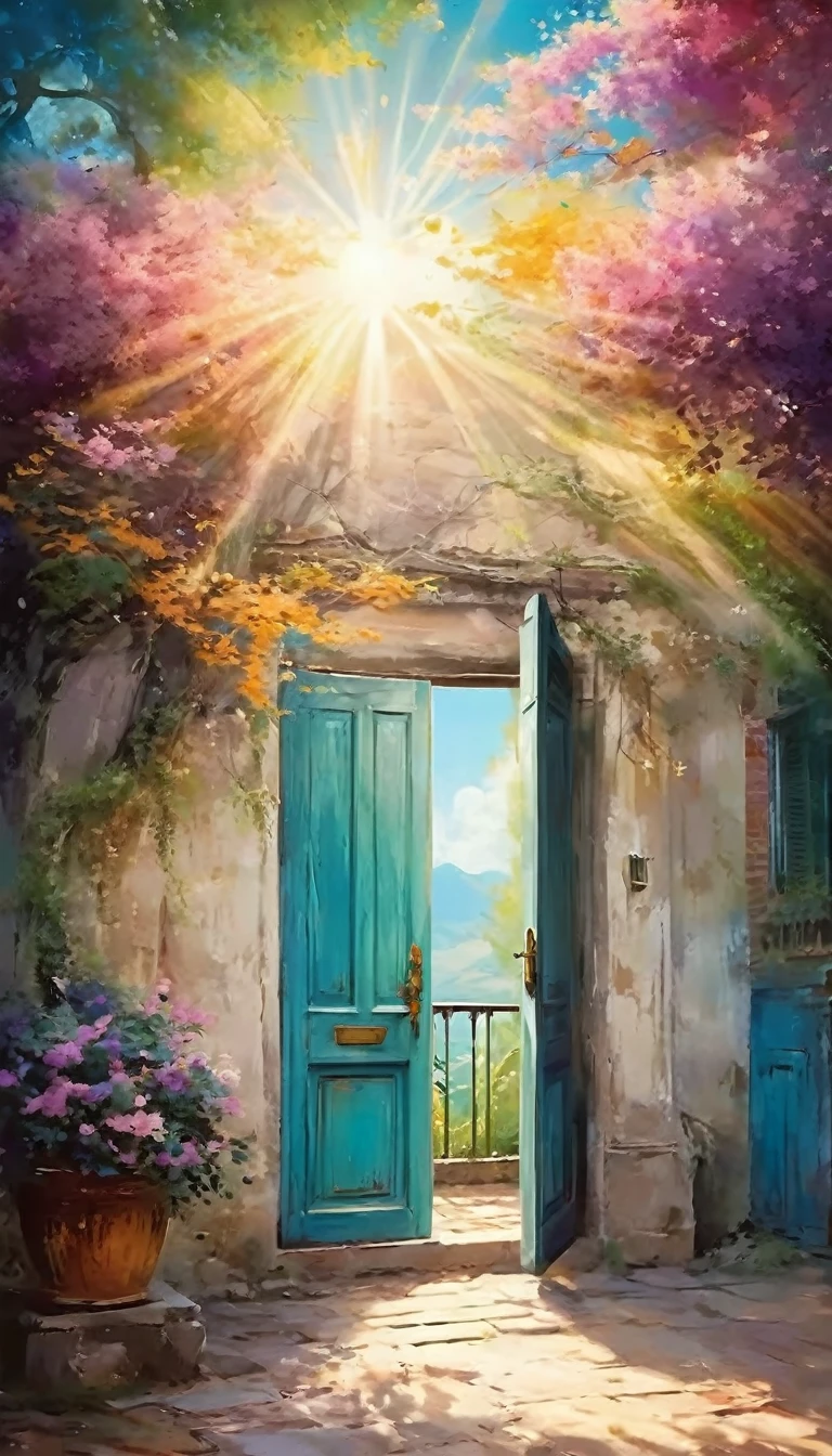 A dreamy space，There is a door to dreams，Light，Rays of Light，colorful，Art Style，Picturesque，Poster，朦胧的艺术Poster