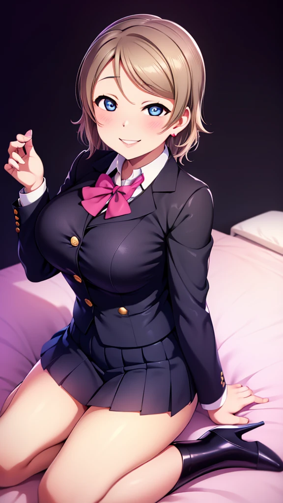 Erotic　Love Live Watanabe You　Mature Wife Big Tits　school uniform　blazer　Dress shirt　Bedroom with hearts on a black background Dark theme Evil depravity Temptation Excitement Condescending smile Sexy pose Emphasis on upper body Looking up　sit　High heels　Amitants