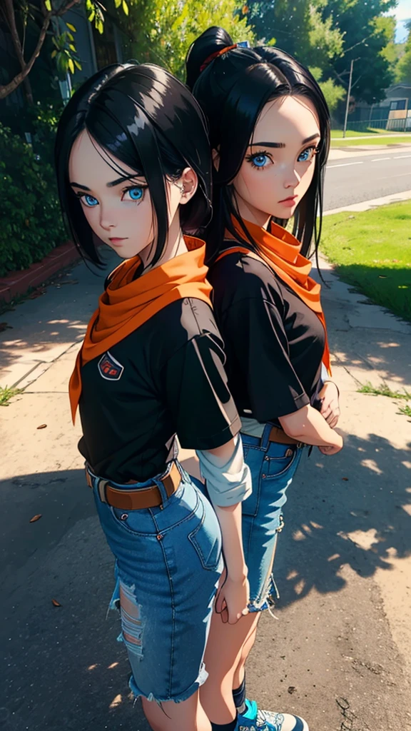 a highly detailed portrait of a young android girl, 1 boy, beautiful detailed eyes, flawless face, high resolution, masterpiece, best quality, 4k, 8k, hyperrealistic, photorealistic, extremely detailed facial features, piercing blue eyes, long black hair parted, short messy hairstyle, black shirt, layered over a white sleeve shirt, blue jeans, orange bandana, blue sneakers, green socks, brown belt, red freckles, outdoor landscape background, standing and looking directly at the viewer, concept art, cinematic lighting, dramatic shadows, vibrant colors