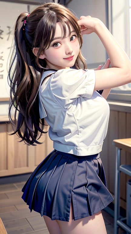 (Highest quality,masterpiece:1.3,Ultra-high resolution),(Very detailed、Caustics) (Realistic:1.4, RAW shooting、)Ultra-Realistic Capture、Very detailed、Natural skin texture、masterpiece、(junior high school sailor suit:1.3)、Short-sleeved sailor uniform、1 Japanese girl、Adorable expression、Expressions of happiness、、Young Face、Amazingly cute、Twin tails、Curly Hair、Black Hair、Scrunchie、light makeup、Breasts so big that they almost burst、Bare arms、This photo was taken in a middle school classroom...、Shining thighs、Shooting from the side、smile、An inviting gaze、The exact number of fingers on each hand、Cowboy Shot、