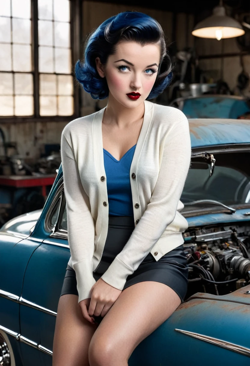 1 woman , looking at viewer:1.3, portrait (wearing clean white crew neck cardigan, dark narrow form fitting pencil-skirt:1.4), taken inside an dark automobile shop, a (hot-rod garage:1.5), filled with car parts, rust, she's inside an old repair shop filled with rusty tools, high saturated rust, auto parts, oil tool filled repair shop, ((high contrast)), (deep, darkest shadows), high contrast,((taken using Leica camera, aperture: f/2.8)) ,(kkw-ph1:0.9), hyper-realistic skin, (she has dark short hair perfectly kept), betty grable model, showing off her glossy red lipstick, (((blue black tight styled hair)))), lounging in old car repair shop,sport car parts, (her hair is 1950s tidy:1.8), she's in dark with natural light glow, radiant skin , sultry, tantalizing, perfectly framed face, perfect relaxed hands, perfect fingers, nail polish, (vintage pin-up betty grable style), (perfect portrait, incredible eyes, eye make-up, smokey eye:1.1), a work of art, beautiful composition, golden ratio, pin-up model, inspiring, (highest quality fabric texture), (styled 50s hair), every detail,Fine facial features – (Highest Quality) ,Leica camera film, High quality ○○ detailed – ○○ details ultra detailed(Ultra-fine ), Photorealistic, Extremely detailed(Extremely detailed) , (highest detail image, lens flare, realistic)○○ res – ○○ resolution ultra high res(A high resolution),playfully sexy and relaxed photos