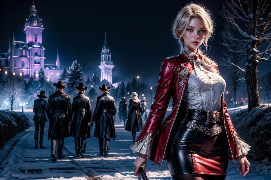 masterpiece,best quality, masterpiece, high detail,detailed face,detailed eyes,rendered eyes,perfect eyes,hip lines,crisp image,detailed,amazing,8k,8k wallpaper,8k background,high detailed skin,high res, (((cowboy shot))), solo, 1girl,looking at viewer,WillowSchnee, . Her attire consists of a white cravat secured by a silver brooch set with a red stone, as well as a light purple jacket with light sleeves, a wide belt around her waist, a matching pencil skirt with black tights and slippers. serious expression, outside stately mansion, snow, ice sculpture at center of hedge maze, holding wine glass, night, stars, servants and security detail standing by, (volumetric lighting), sharp focus, hyper detailed 