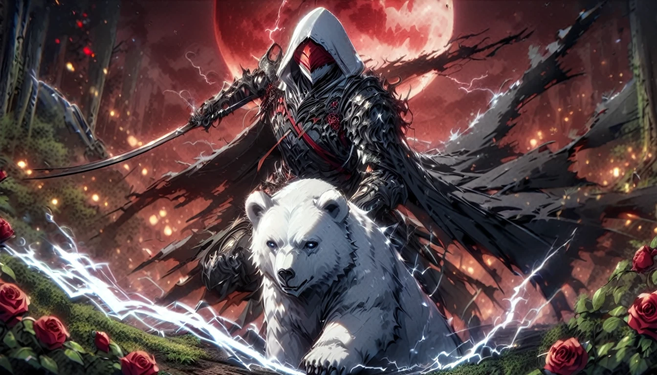 One man with a white hood with bear ears and a katana sits next to a polar bear in a forest while the blood moon shines, many Roses cover the ground and lightning falls from the sky. The man wears a red blindfold.