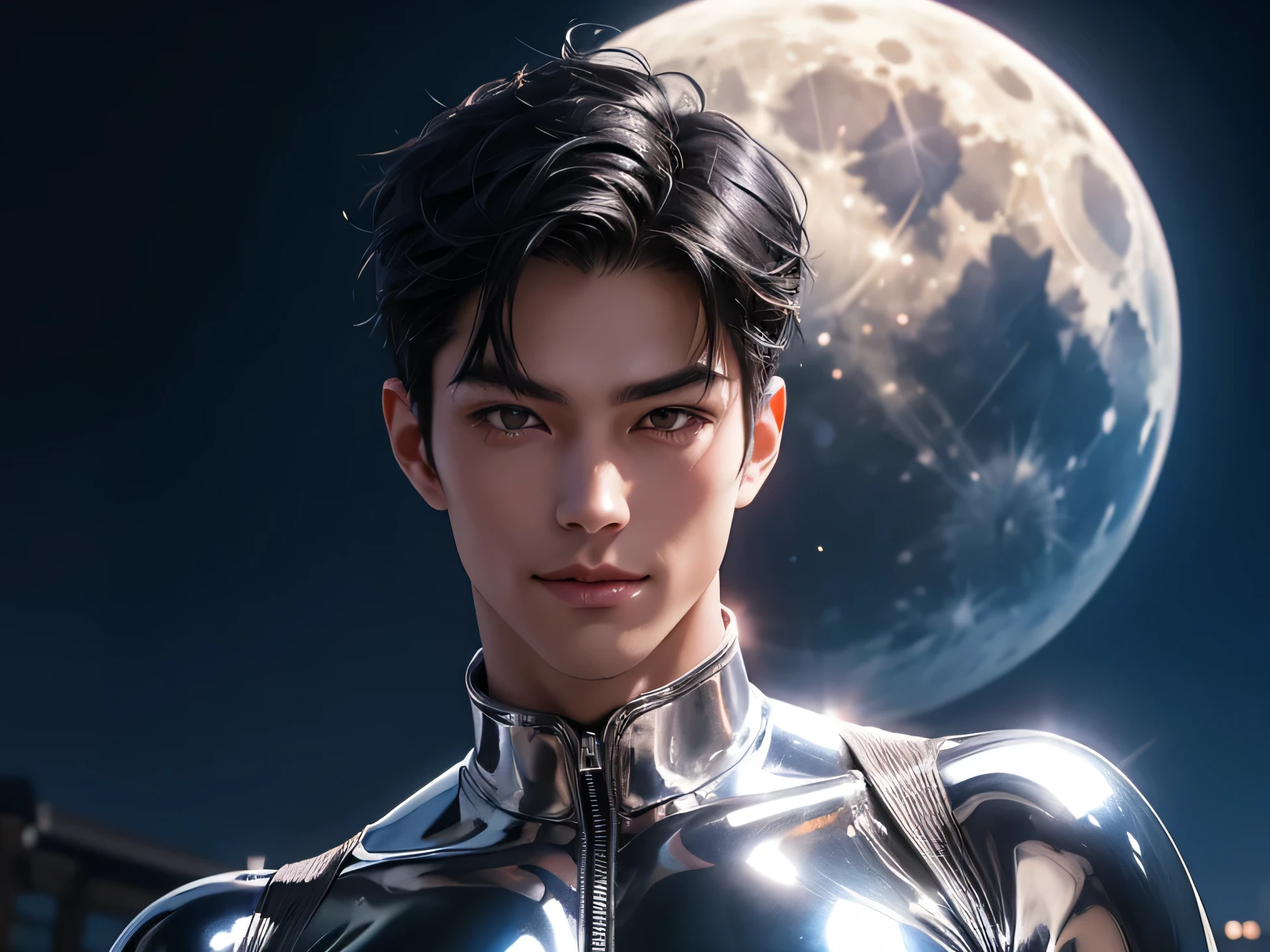 Japanese　　Handsome model　male　　smile　　　Black Hair　　Short cut　Short hair　　　looking at the camera　　　　　Shiny full-body silver suit　Mega Bulge　　Shiny silver latex suit　　looking at the camera　future world　 　universe　Full moon in the background　　　Upper body close-up　　Bunny ears　Face close-up