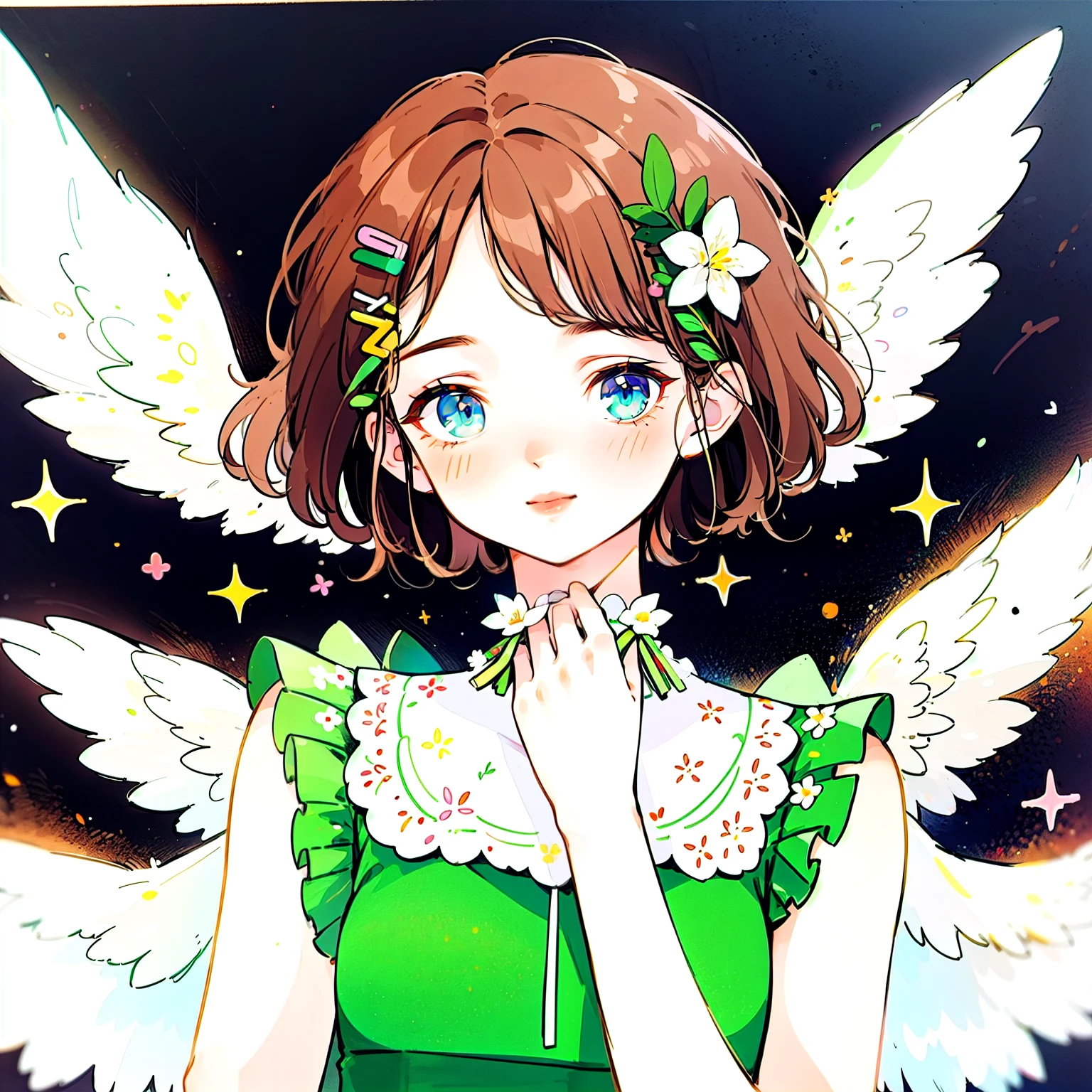 Highest quality, Pastel drawing, Friendly atmosphere, Twin girl angels, cute, White Wings, Laughing happily, Brown short hair in various colors, Blue Eyed Person, Green-eyed person, Dresses in different colors, Flower Hair Ornaments, Upper Body, Looking at the audience, space, meteor, Light,