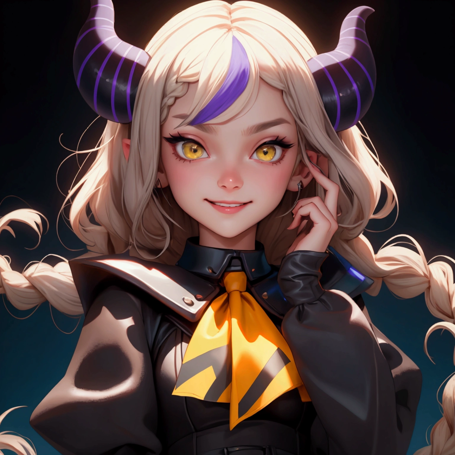 envision a 8k, highres, cinematic, beautiful close up portrait of a girl named Laplus Darkness with sleeves past wrists, sleeves past fingers, braid, Long sleeves, single leg pantyhose, yellow ascot, ascot, Black footwear, Dress, Metal collar, long boots, Black Dress, Collar, pantyhose, single thigh high, Evil smile, sea, feel awkward, Exposed arms, against a dark background