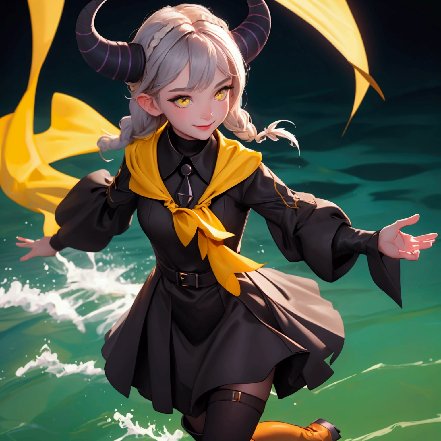 envision a 8k, highres, cinematic, beautiful close up portrait of a girl named Laplus Darkness with a Large Metal Collar, sleeves past wrists, sleeves past fingers, braid, Long sleeves, single leg pantyhose, yellow ascot, ascot, Black footwear, Dress, Metal collar, long boots, Black Dress, Collar, pantyhose, single thigh high, Evil smile, sea, feel awkward, Exposed arms, against a dark background