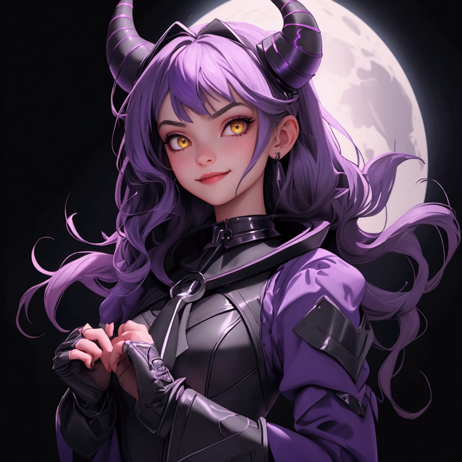 envision a 8k, highres, cinematic, beautiful close up portrait of a girl named Laplus Darkness with a Large Metal Collar, purple color scheme, sleeves past wrists, sleeves past fingers, braid, Long sleeves, single leg pantyhose, ascot, Black footwear, Dress, Metal collar, long boots, Black Dress, Collar, pantyhose, single thigh high, Evil smile, Exposed arms, against a dark background