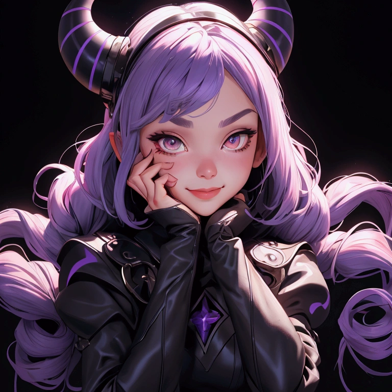 envision a 8k, highres, cinematic, beautiful close up portrait of a girl named Laplus Darkness with a Large Metal Collar, purple color scheme, sleeves past wrists, sleeves past fingers, braid, Long sleeves, single leg pantyhose, ascot, Black footwear, Dress, Metal collar, long boots, Black Dress, Collar, pantyhose, single thigh high, Evil smile, Exposed arms, against a dark background