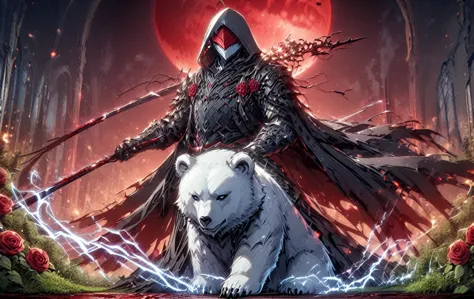 one man with a white hood with bear ears and a katana sits next to a polar bear in a forest while the blood moon shines, many ro...