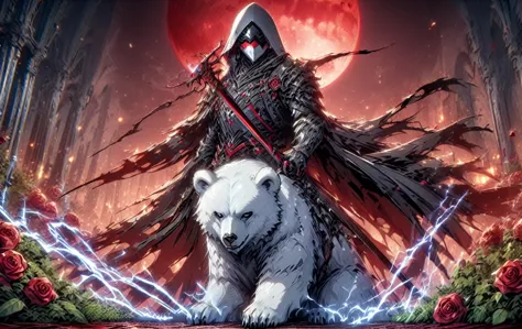 one man with a white hood with bear ears and a katana sits next to a polar bear in a forest while the blood moon shines, many ro...