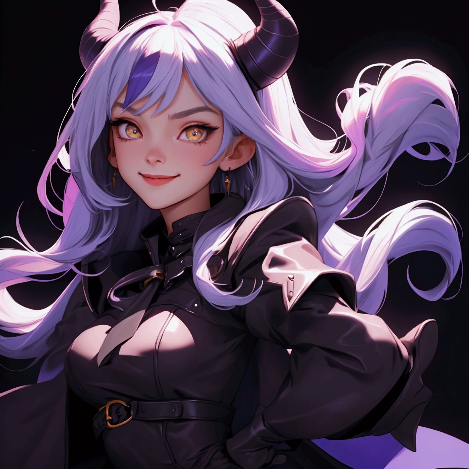 envision a 8k, highres, cinematic, beautiful close up portrait of a girl named Laplus Darkness with long white muilticolored hair, a Large Metal Collar, purple color scheme, sleeves past wrists, sleeves past fingers, braid, Long sleeves, single leg pantyhose, ascot, Black footwear, Dress, Metal collar, long boots, Black Dress, Collar, pantyhose, single thigh high, Evil smile, Exposed arms, against a dark background