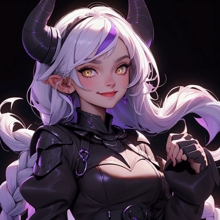 envision a 8k, highres, cinematic, beautiful close up portrait of a girl named Laplus Darkness with long white muilticolored hair, a Large Metal Collar, purple color scheme, sleeves past wrists, sleeves past fingers, braid, Long sleeves, single leg pantyhose, ascot, Black footwear, Dress, Metal collar, long boots, Black Dress, Collar, pantyhose, single thigh high, Evil smile, Exposed arms, against a dark background