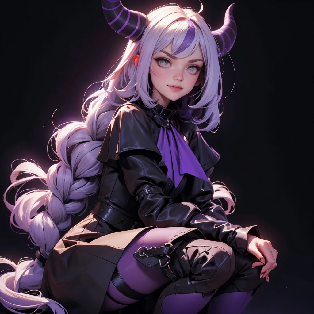 envision a 8k, highres, cinematic, beautiful close up portrait of a girl named Laplus Darkness with long white muilticolored hair, a Large Metal Collar, purple color scheme, sleeves past wrists, sleeves past fingers, braid, Long sleeves, single leg pantyhose, ascot, Black footwear, Dress, Metal collar, long boots, Black Dress, Collar, pantyhose, single thigh high, Evil smile, Exposed arms, against a dark background