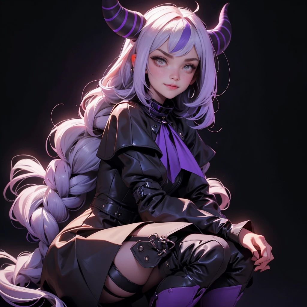 envision a 8k, highres, cinematic, beautiful close up portrait of a girl named Laplus Darkness with long white muilticolored hair, a Large Metal Collar, purple color scheme, sleeves past wrists, sleeves past fingers, braid, Long sleeves, single leg pantyhose, ascot, Black footwear, Dress, Metal collar, long boots, Black Dress, Collar, pantyhose, single thigh high, Evil smile, Exposed arms, against a dark background