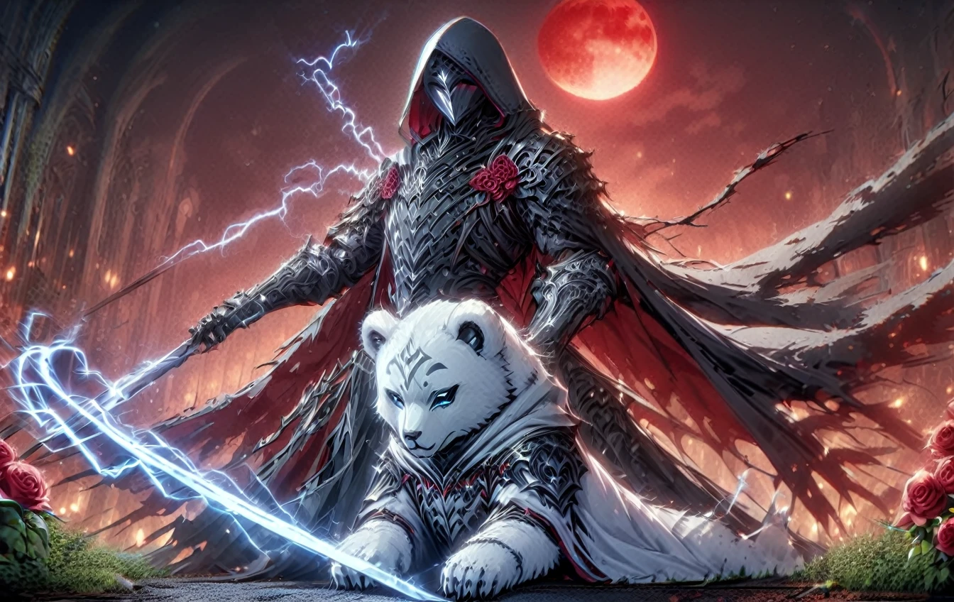 One man with a white hood with bear ears and a katana sits next to a polar bear in a forest while the blood moon shines, many Roses cover the ground and lightning falls from the sky. The man wears a red blindfold.