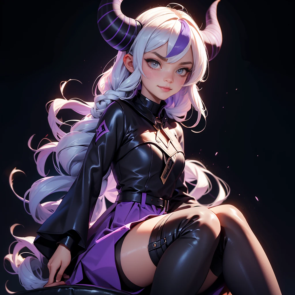 envision a 8k, highres, cinematic, beautiful close up portrait of a girl named Laplus Darkness with long white muilticolored hair, a Large Metal Collar, purple color scheme, sleeves past wrists, sleeves past fingers, braid, Long sleeves, single leg pantyhose, ascot, Black footwear, Dress, Metal collar, long boots, Black Dress, Collar, pantyhose, single thigh high, Evil smile, Exposed arms, against a dark background