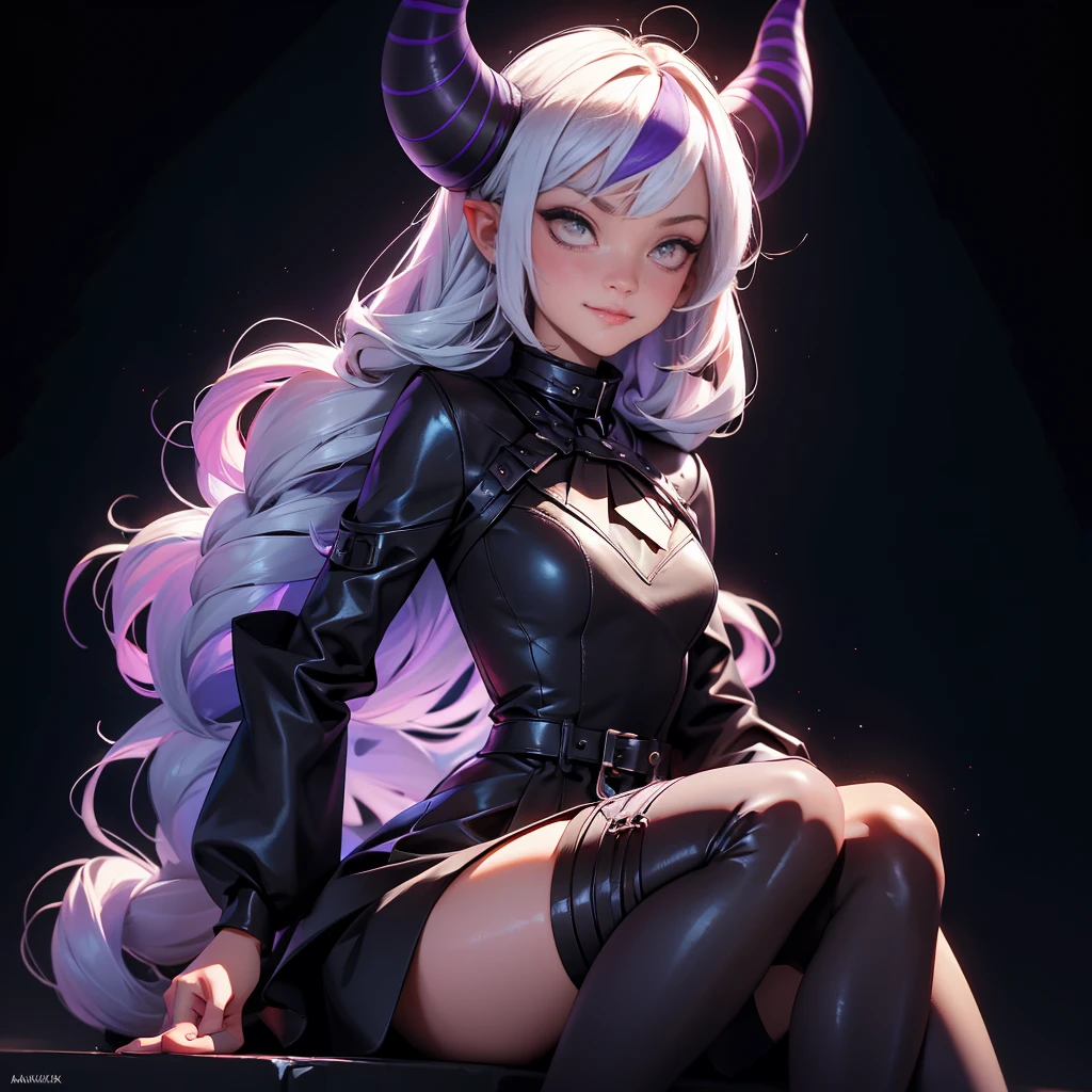 envision a 8k, highres, cinematic, beautiful close up portrait of a girl named Laplus Darkness with long white muilticolored hair, a Large Metal Collar, purple color scheme, sleeves past wrists, sleeves past fingers, braid, Long sleeves, single leg pantyhose, ascot, Black footwear, Dress, Metal collar, long boots, Black Dress, Collar, pantyhose, single thigh high, Evil smile, Exposed arms, against a dark background