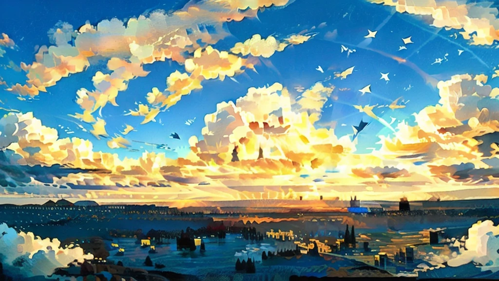 An ultra-high-resolution animated illustration depicting a sky with a rising sun and a paper airplane flying over blue clouds, viewed from above, displayed on a very wide screen.