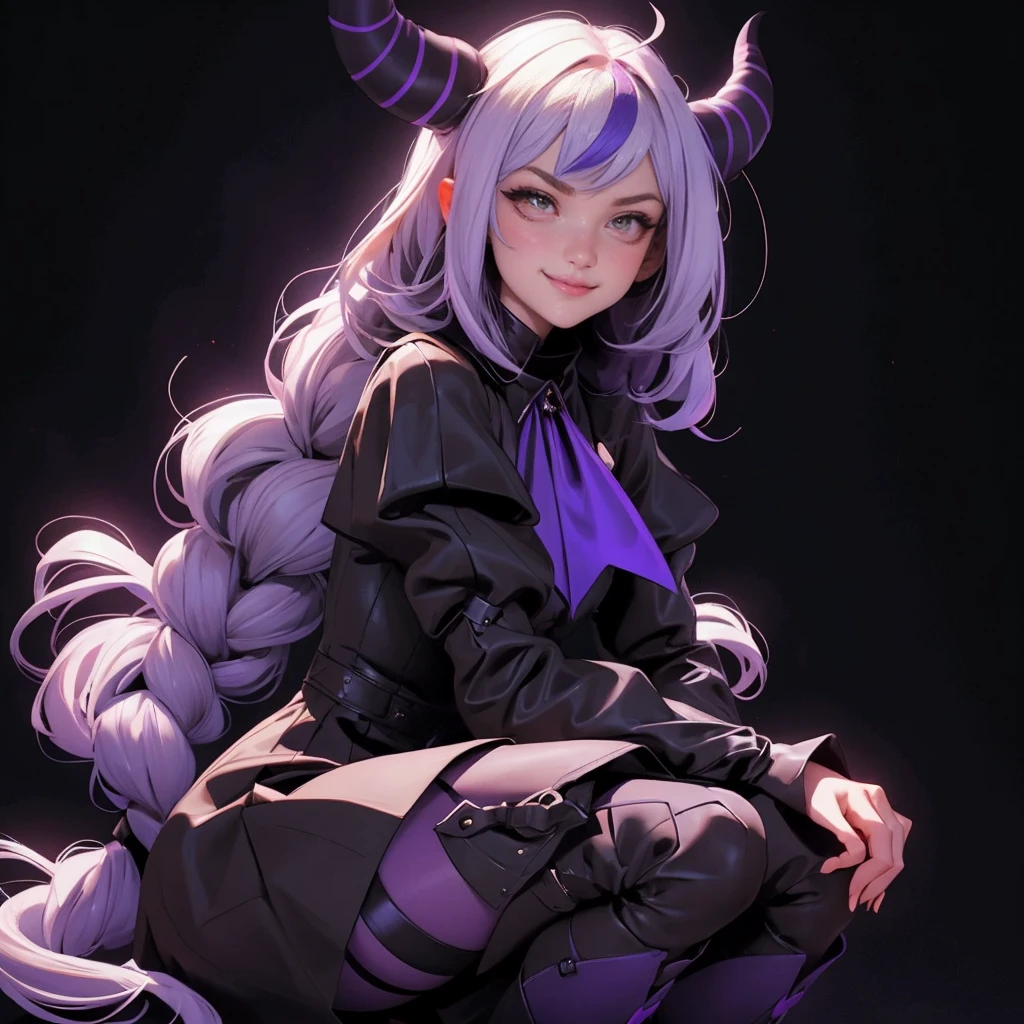 envision a 8k, highres, cinematic, beautiful close up portrait of a girl named Laplus Darkness with long white muilticolored hair, a Large Metal Collar, purple color scheme, sleeves past wrists, sleeves past fingers, braid, Long sleeves, single leg pantyhose, ascot, Black footwear, Dress, Metal collar, long boots, Black Dress, Collar, pantyhose, single thigh high, Evil smile, Exposed arms, against a dark background