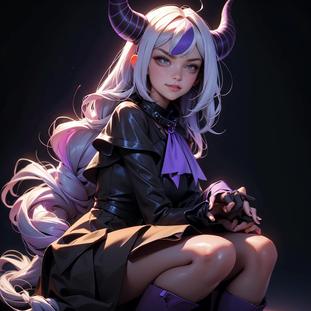 envision a 8k, highres, cinematic, beautiful close up portrait of a girl named Laplus Darkness with long white muilticolored hair, a Large Metal Collar, purple color scheme, sleeves past wrists, sleeves past fingers, braid, Long sleeves, single leg pantyhose, ascot, Black footwear, Dress, Metal collar, long boots, Black Dress, Collar, pantyhose, single thigh high, Evil smile, Exposed arms, against a dark background