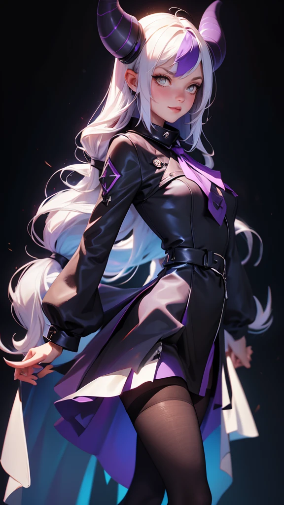 envision a 8k, highres, cinematic, beautiful full body design sheet of a girl named Laplus Darkness with long white muilticolored hair, a Large Metal Collar, purple color scheme, sleeves past wrists, sleeves past fingers, braid, Long sleeves, single leg pantyhose, ascot, Black footwear, Dress, Metal collar, long boots, Black Dress, Collar, pantyhose, single thigh high, Evil smile, Exposed arms, against a dark background