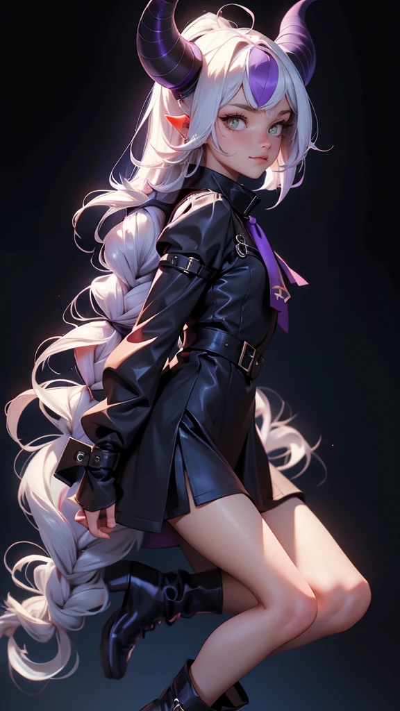 envision a 8k, highres, cinematic, beautiful full body design sheet of a girl named Laplus Darkness with long white muilticolored hair, a Large Metal Collar, purple color scheme, sleeves past wrists, sleeves past fingers, braid, Long sleeves, single leg pantyhose, ascot, Black footwear, Dress, Metal collar, long boots, Black Dress, Collar, pantyhose, single thigh high, Evil smile, Exposed arms, against a dark background