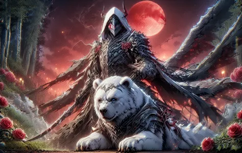 one man with a white hood with bear ears and a katana sits riding a polar bear in a forest while the blood moon shines, many ros...